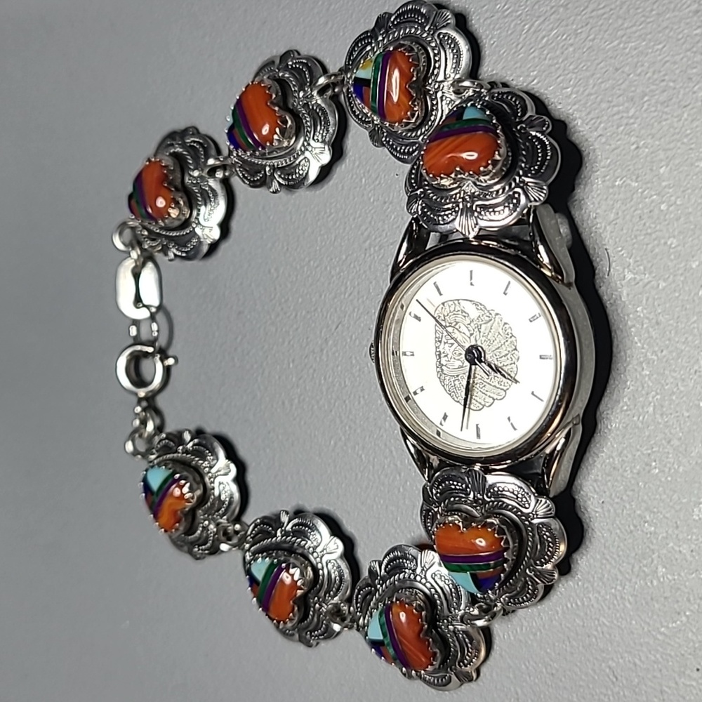 EUC Q.T. QUOC Vintage .925 Sterling Silver Watch Inlaid Heart Natural Stones